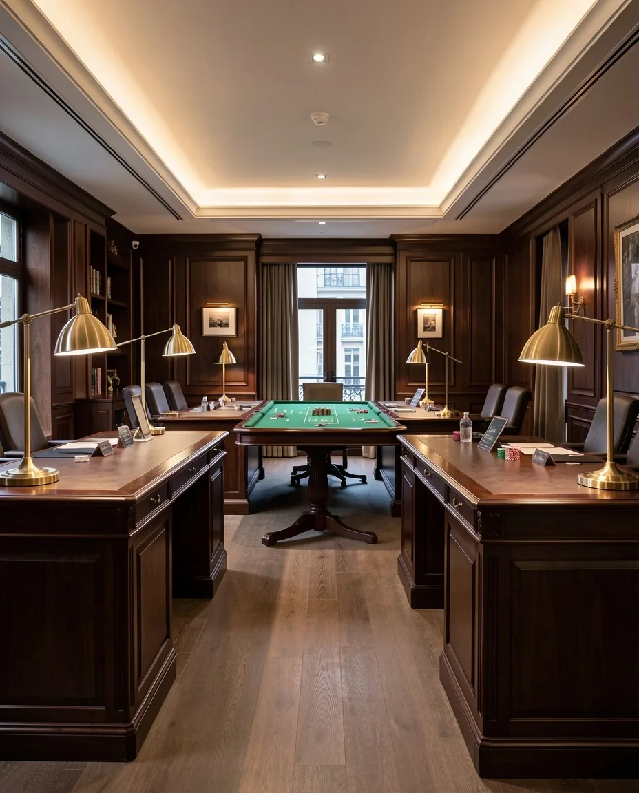 Intérieur raffiné du Salon Riivage à Lille combinant bureaux exécutifs et tables de poker d'affaires